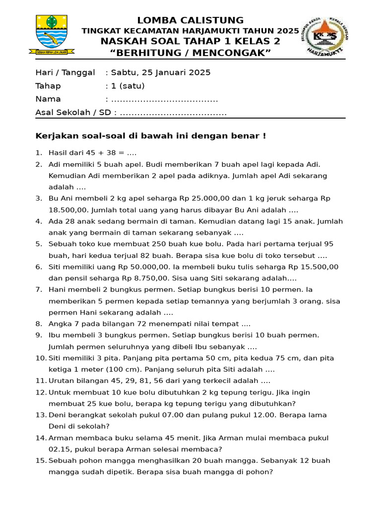 Lomba Calistung Kelas 2 - 2025 PDF