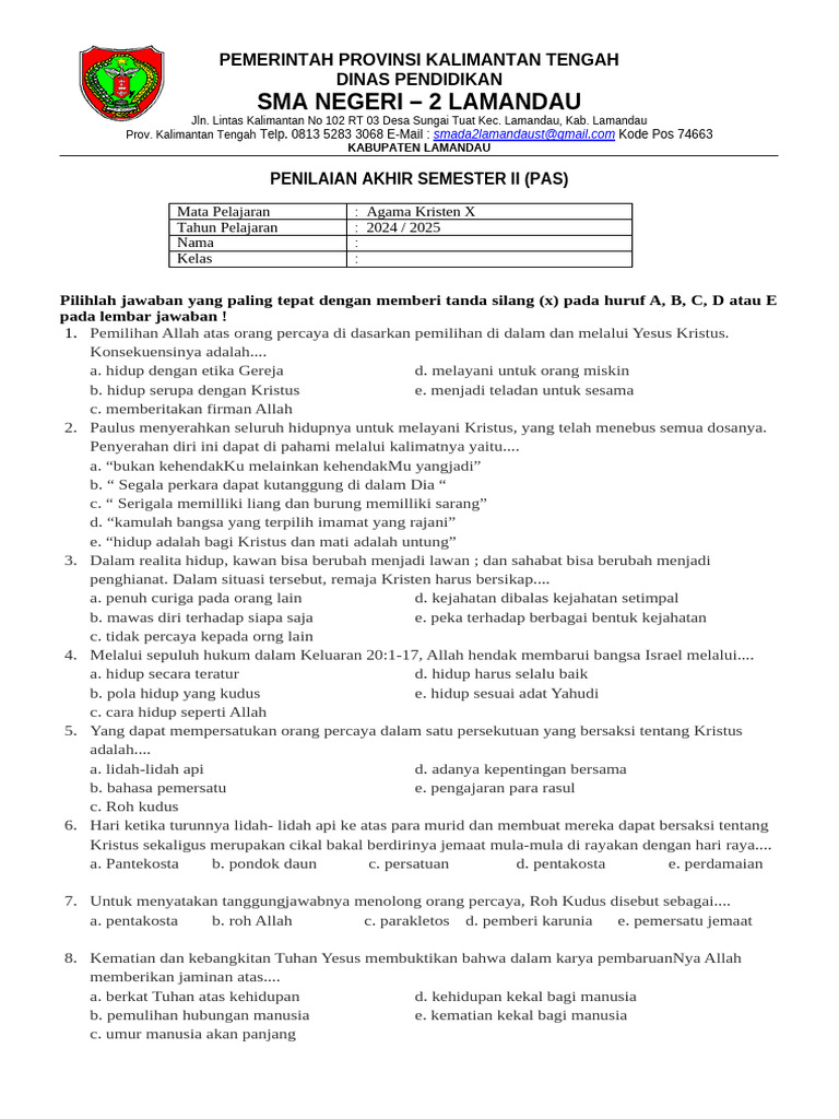 Soal Agama Kristen Kelas 10 PDF