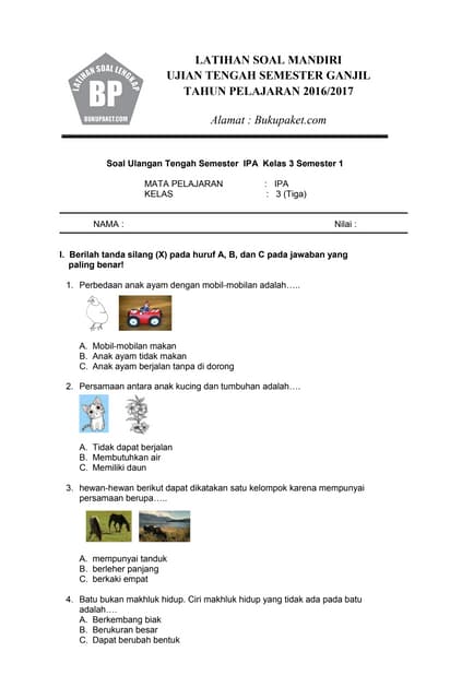 contoh soal ipa kelas 3 sd semester 1 uts