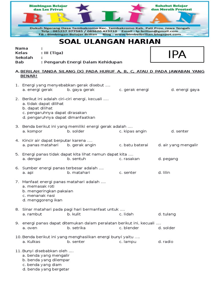 contoh soal ipa kelas 3 sd