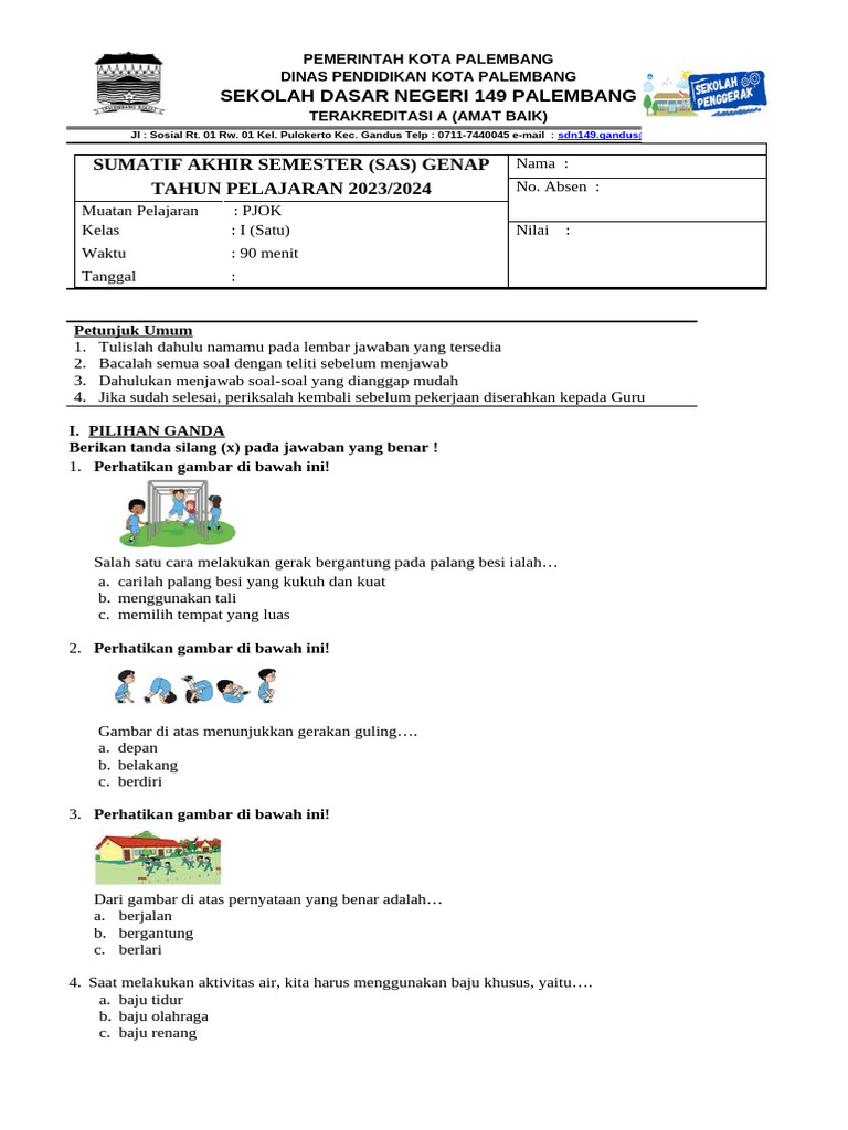 Soal Pjok Kelas 1 Semester 2 23-24 PDF Soal Pjok Kelas 1 Semester 2 23-24 PDF