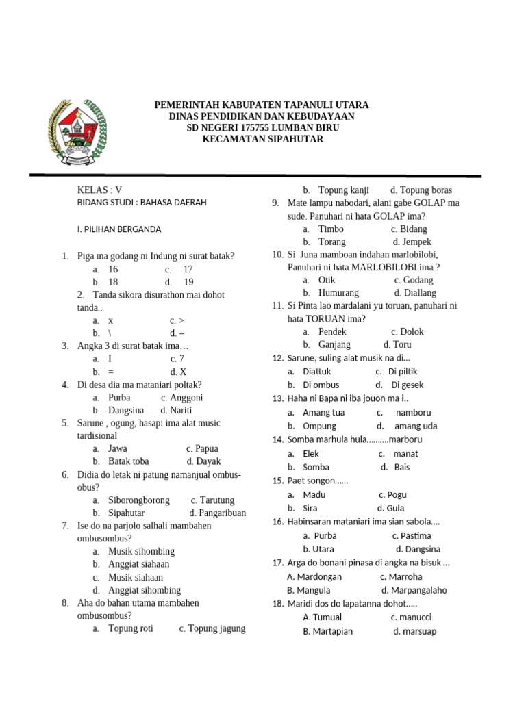 Soal Bahasa Daerah Kelas V Batak PDF