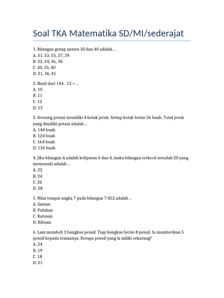 Soal TKA Matematika SD Kelas 6 PDF