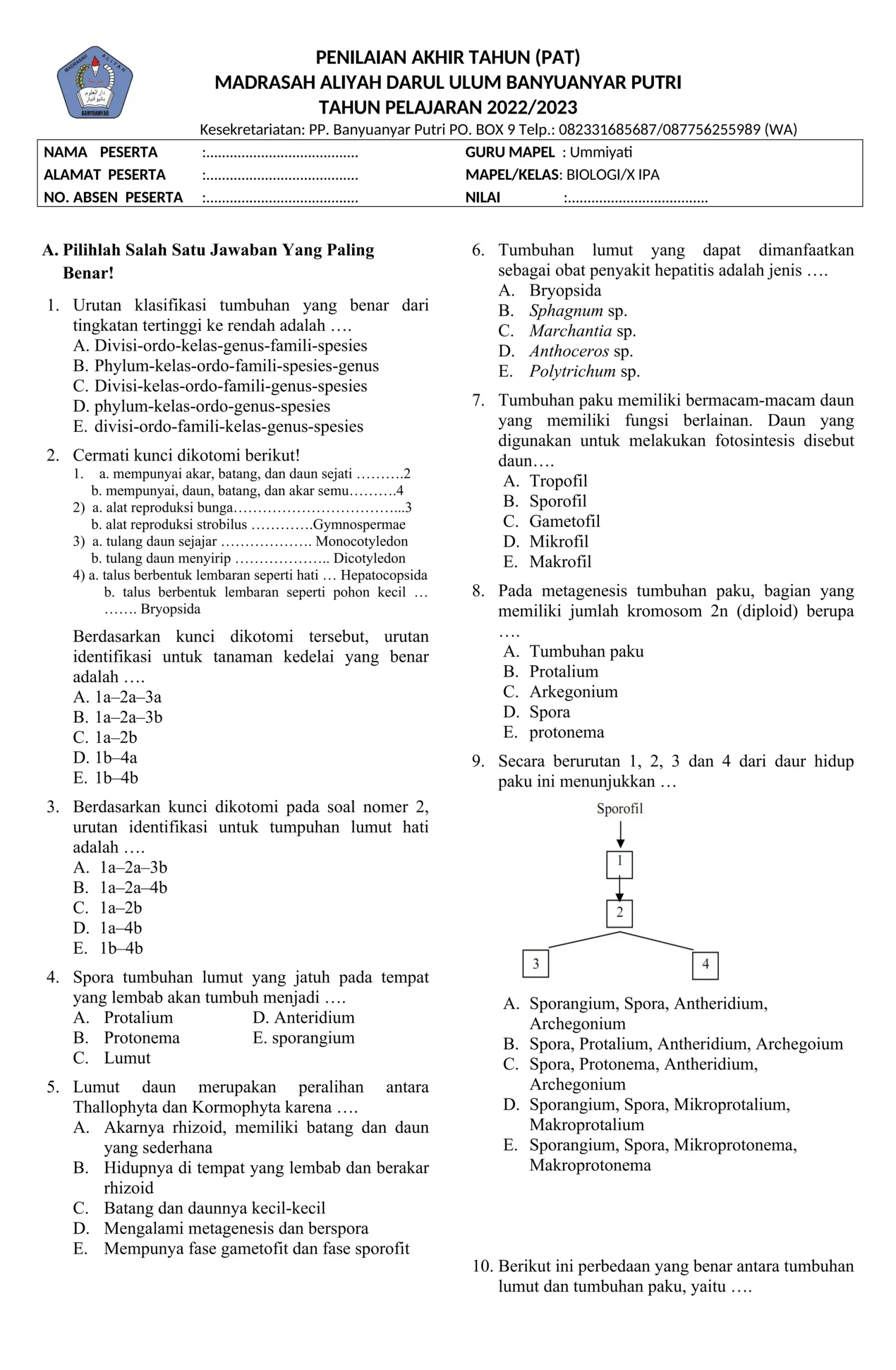 SOAL BIOLOGI SMA Fase E kelas 10 semester 2 DOC