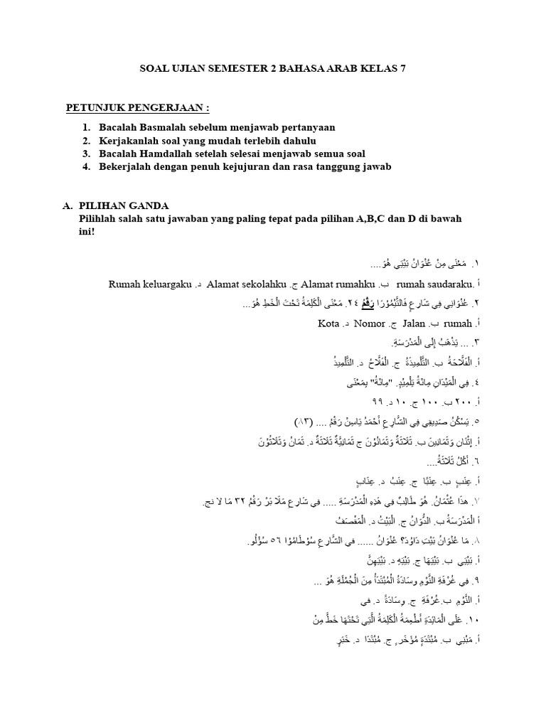 Soal Ujian Semester 2 Bahasa Arab Kelas 1 PDF