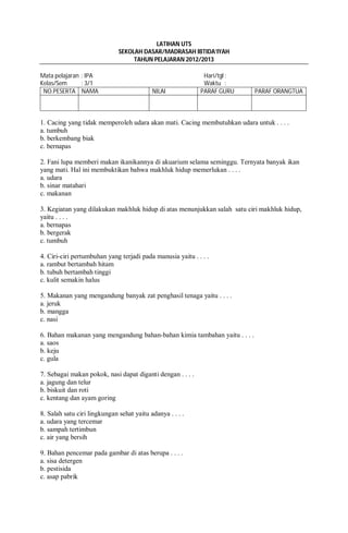 Latihan uts ipa kelas 3 sd semester 1 PDF