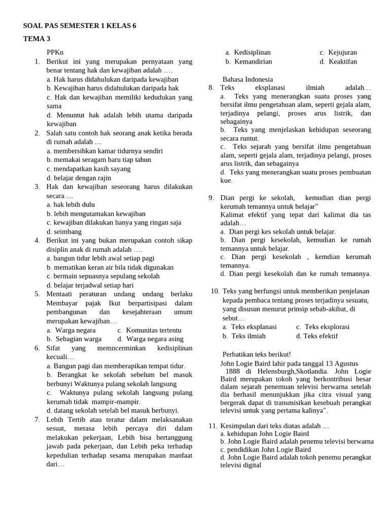 Soal PAS Kelas 6 Tema 3 PPKn dan IPA PDF