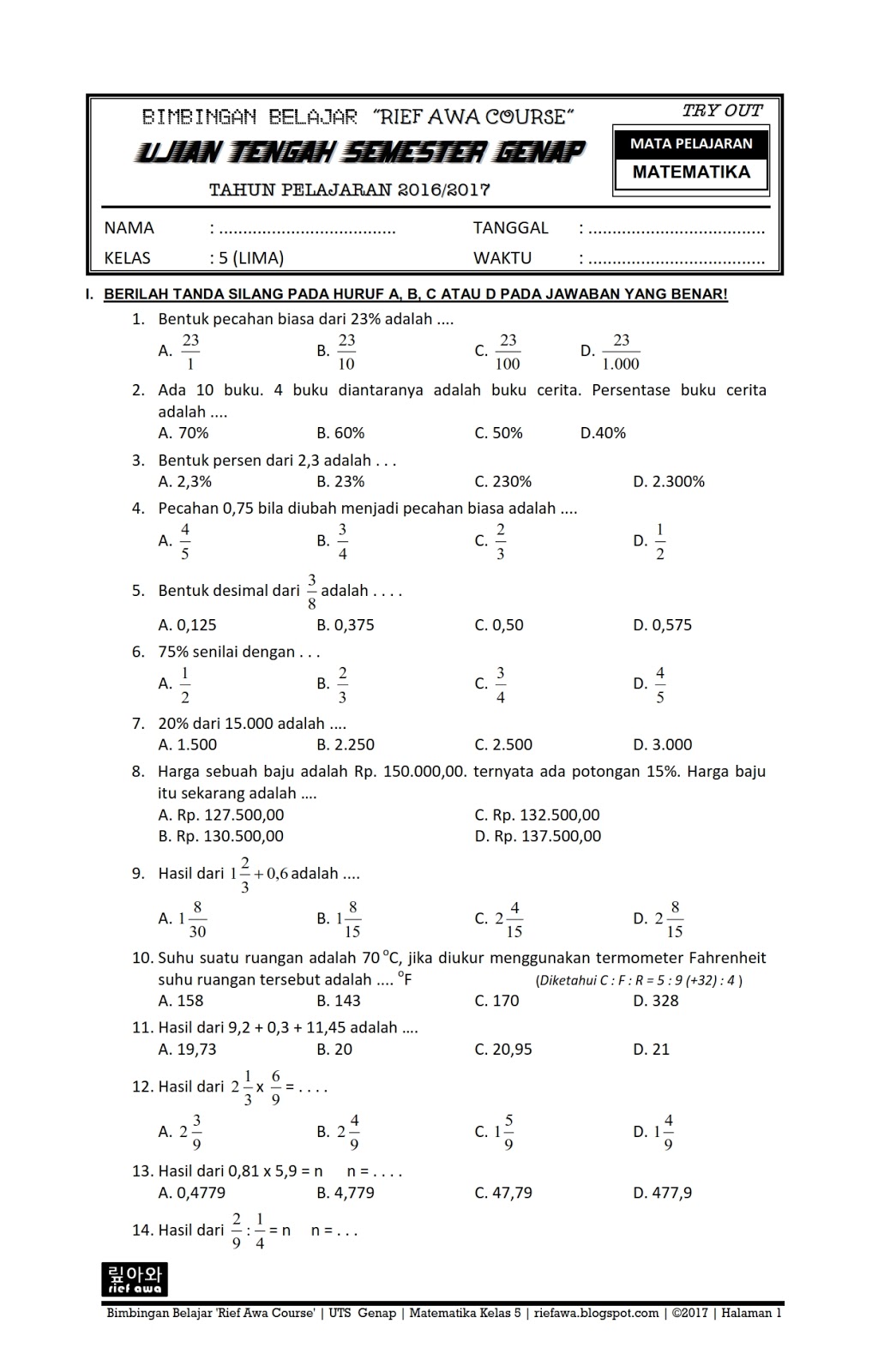 7 Contoh Soal Matematika Kelas 5 SD Semester 2 Kurikulum 2013 Ternyata Bisa Dicetak Sendiri