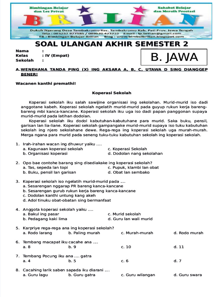 7 Soal Bahasa Jawa Kelas 4 Semester 2 yang Wajib Dikuasai Sebelum Ujian