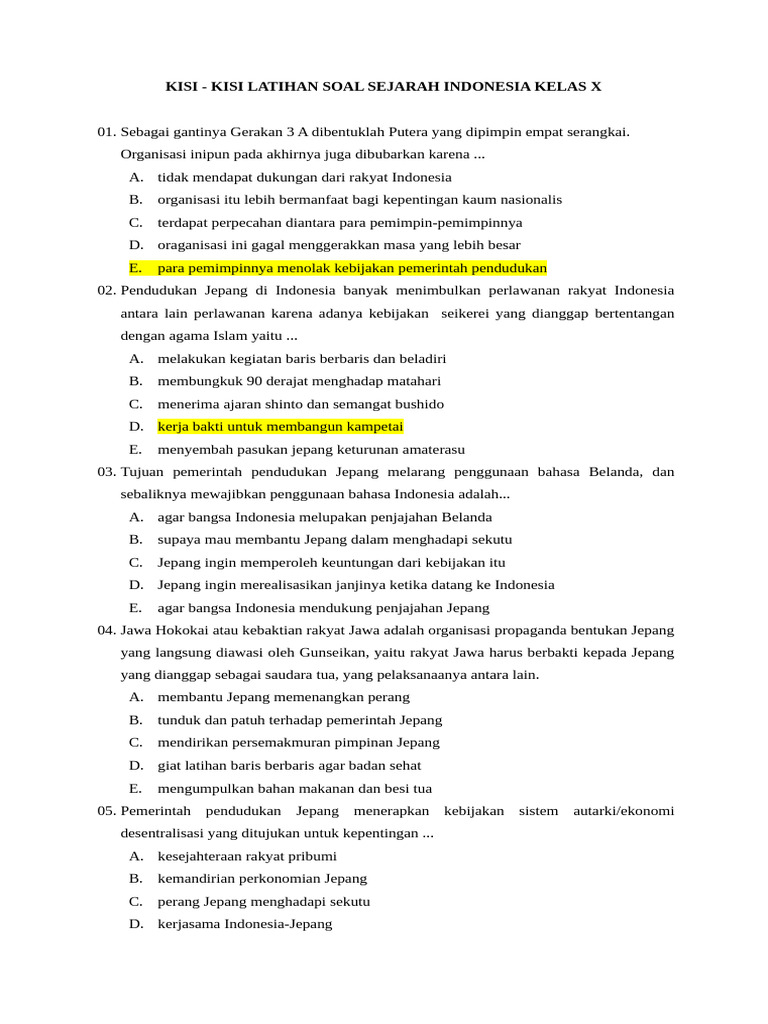 Kisi-Kisi Soal Sejarah Indonesia Kelas X PDF