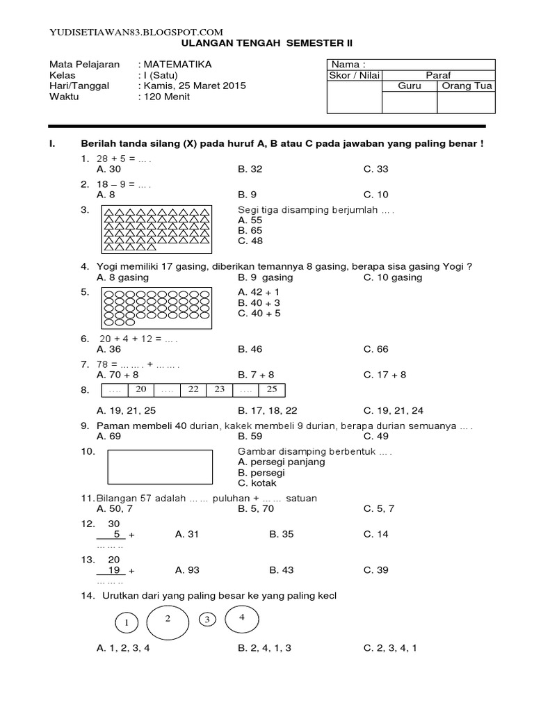 Soal Ulangan Kelas 1 Sd Semester 2 - Piffle me