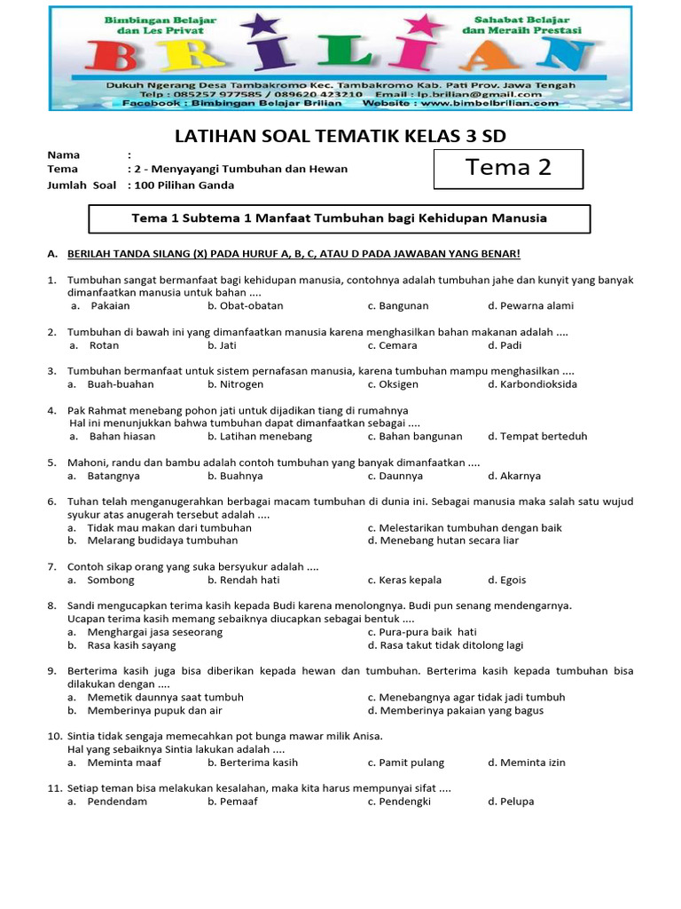 Soal Tematik Kelas 3 Tumbuhan Hewan PDF Griya Taman Sains