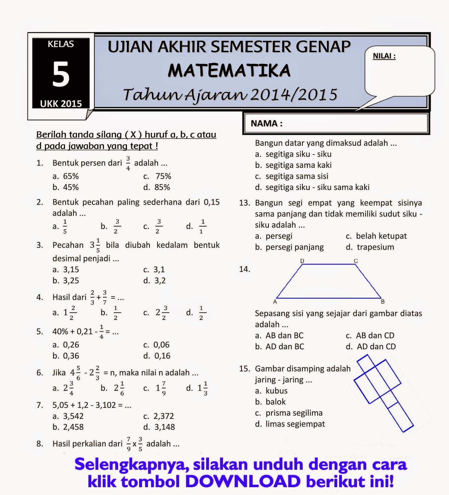 Contoh Soal Matematika Kelas 5 SD Semester 2 KTSP Ternyata Sering Keluar di Ujian, Wajib Hafal 5 Tipe Ini