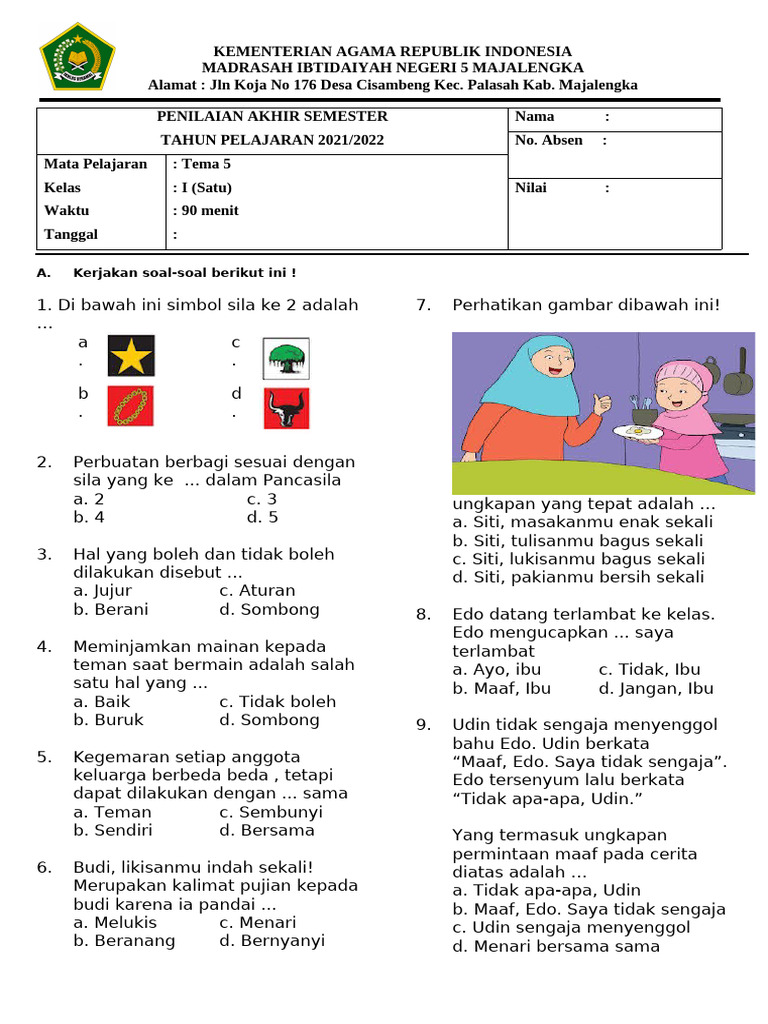 UAS Tema 5 Kelas 1 MI 2021 2022 PDF