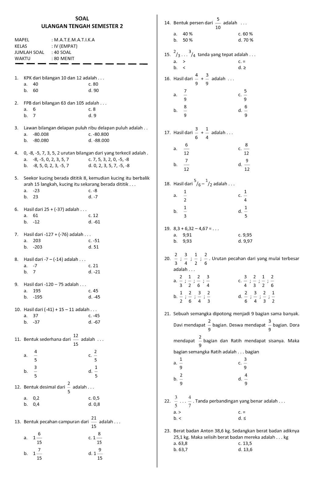 SOAL UTS MATEMATIKA KELAS IV SEMESTER 2