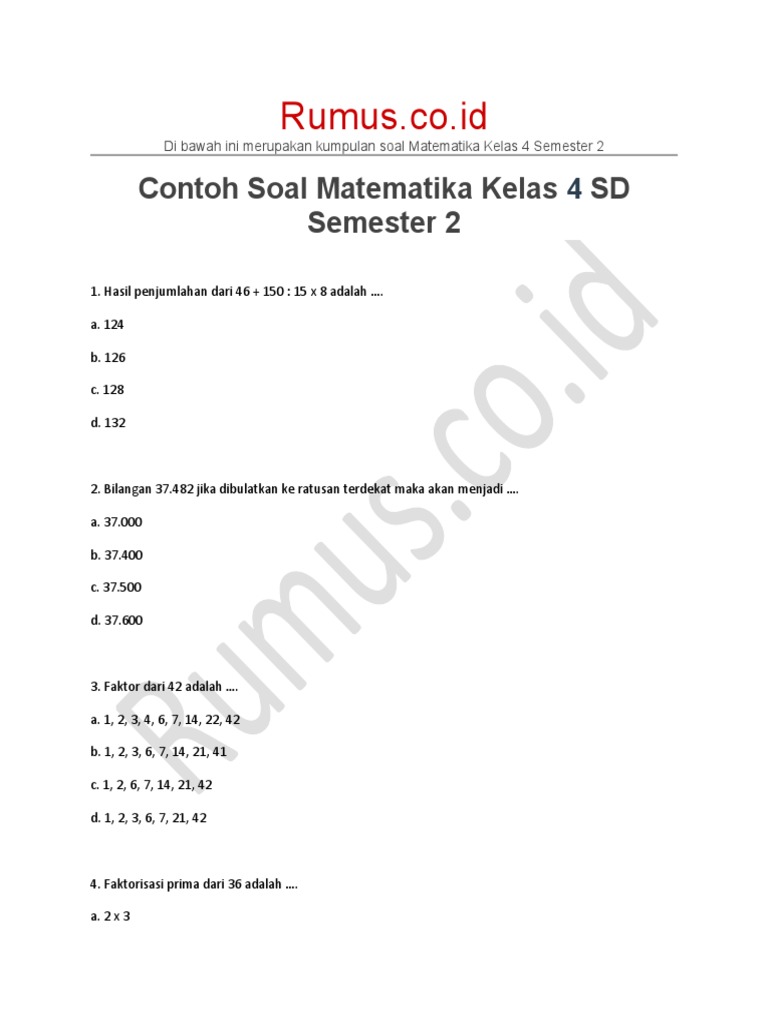 Ternyata Ini Dia Kunci Jawaban Contoh Soal Matematika Kelas 4 Semester 2 2019 yang Bikin Nilai Naik Drastis