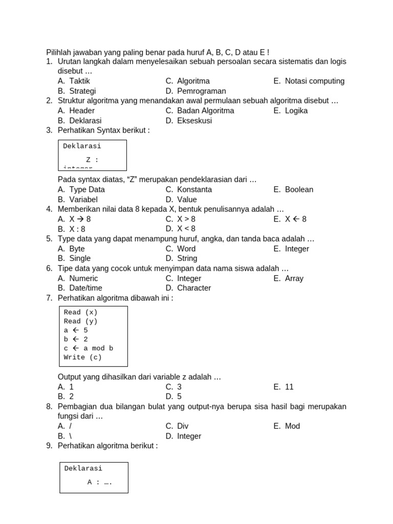 Soal dan Jawaban Algoritma Pemrograman PDF