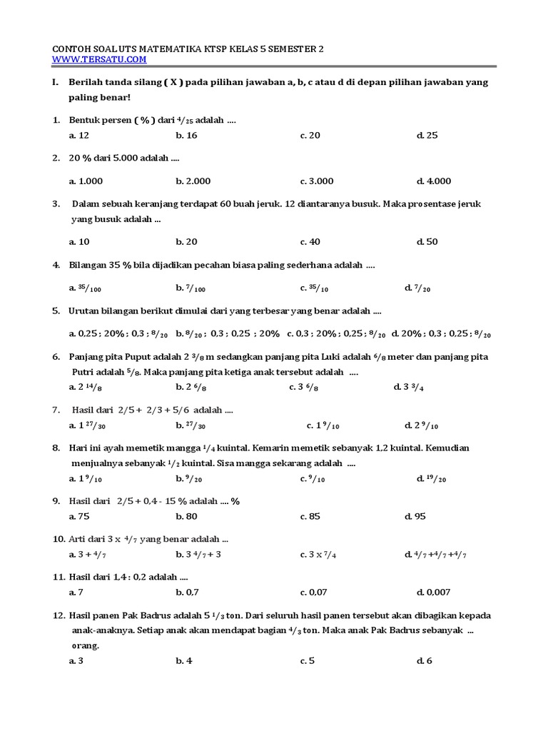 contoh soal matematika kelas 5 semester 2 ktsp