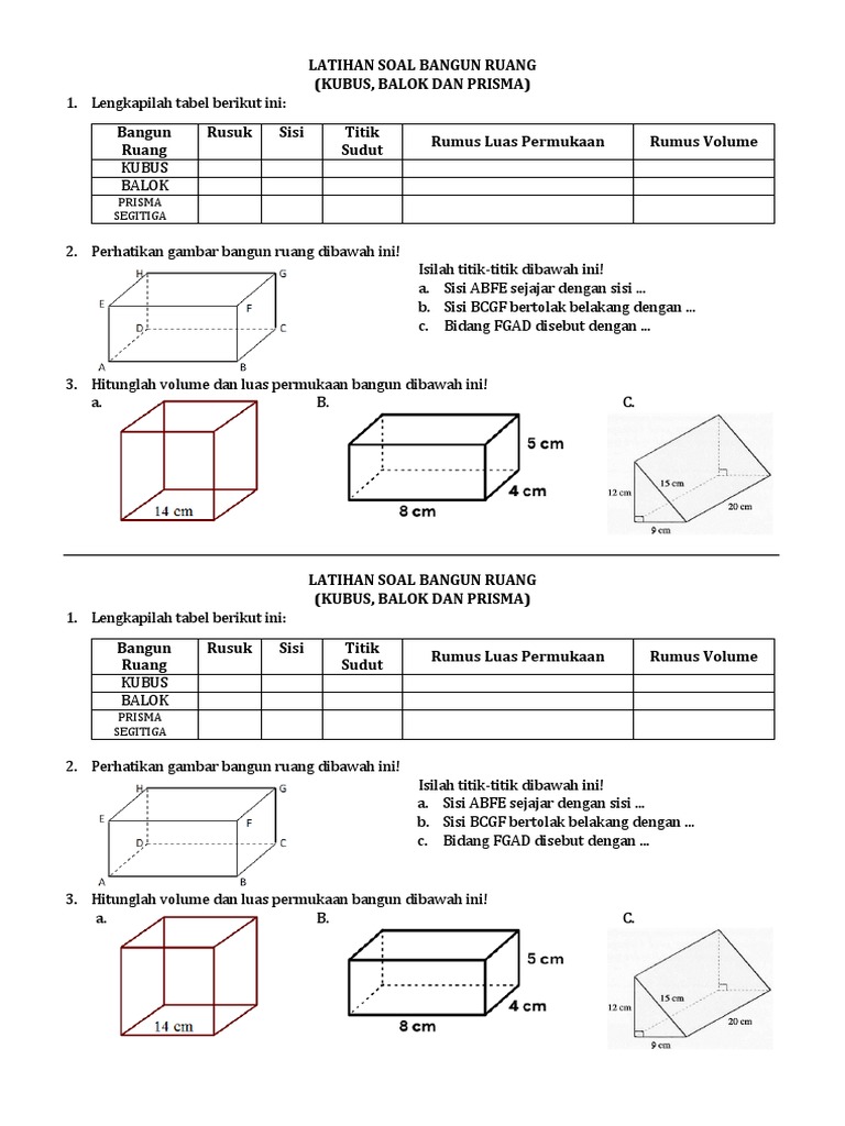 contoh soal matematika kelas 6 semester 2 bangun ruang