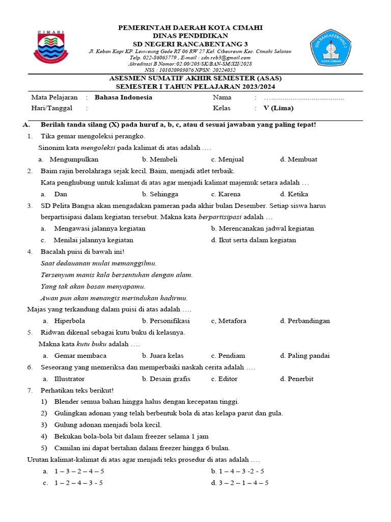 Rahasia Skor Tinggi: Download soal bahasa indonesia kelas 5 semster 1 pdf Terbaru