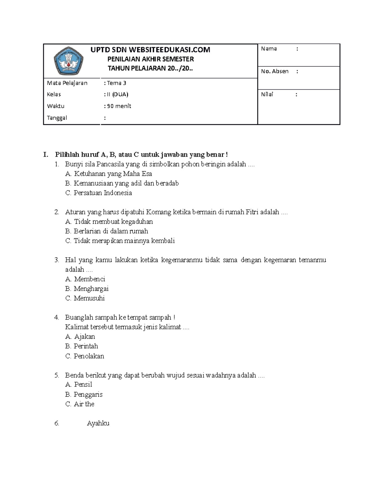Wajib Tahu Link Download Soal PAS Semester Ganjil Tema 3 Kelas 2 Terbaru dan Terlengkap